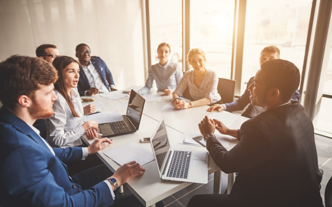 startup business, young creative people group entering meeting room, modern office interior